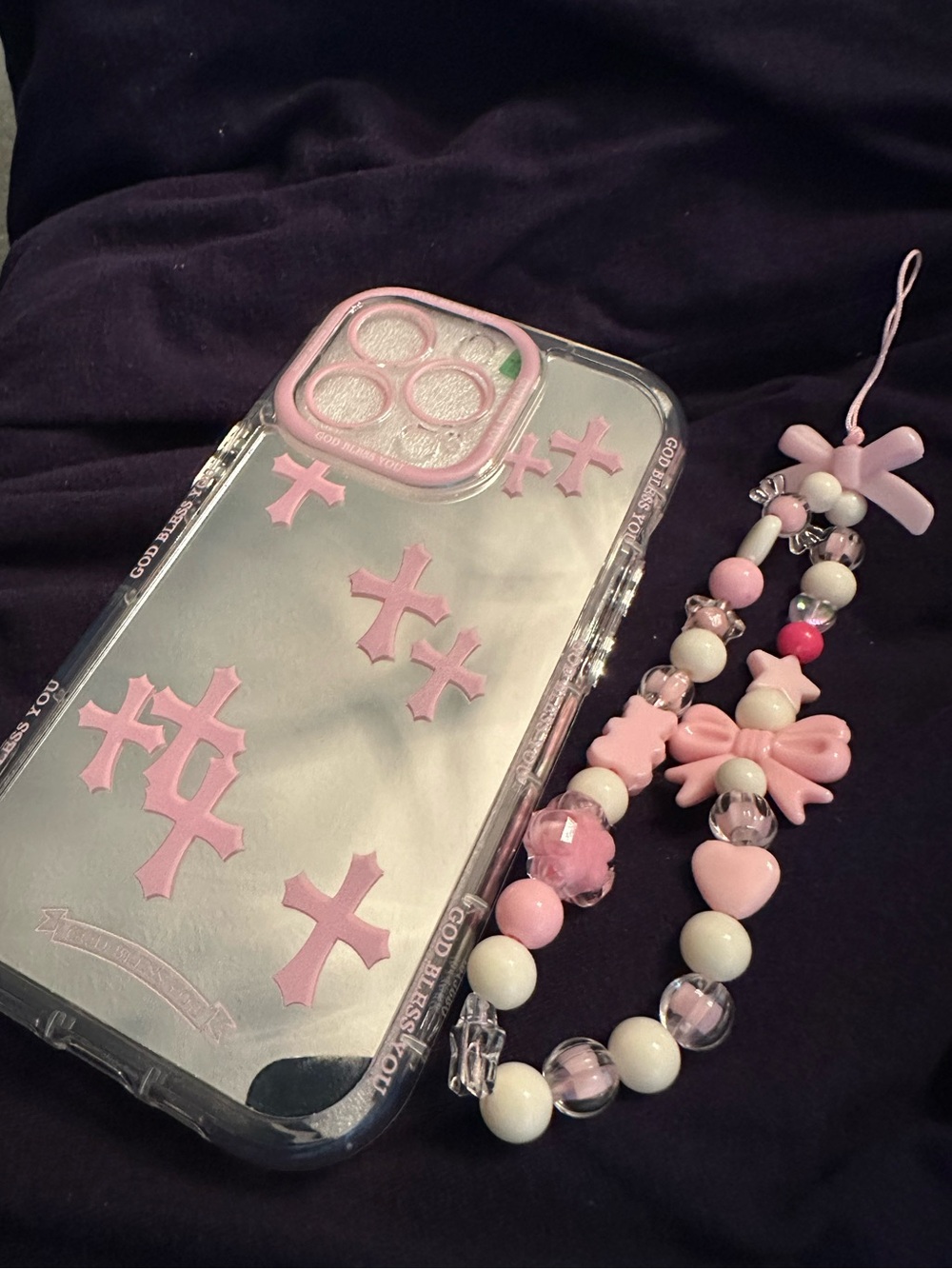 Clear Phone Case with Pink Cross Accents and Beaded Strap